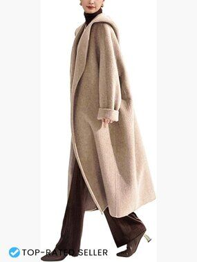 Wool Blend Long Trench Coat with Hood Belted Open Front Slim Fit Winter Warm